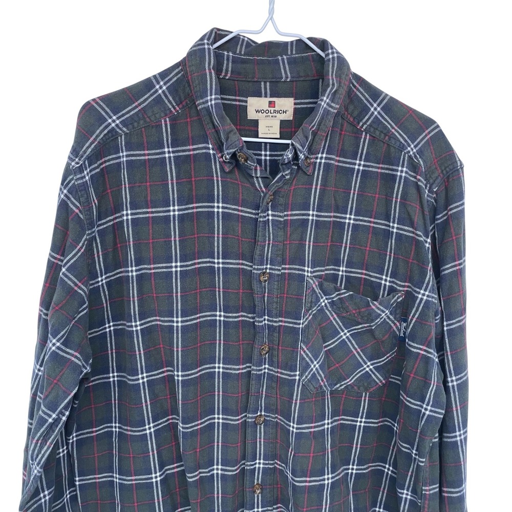 Woolrich Green & Red Plaid Flannel Shirt Large Mens Outdoor Casual Button Down